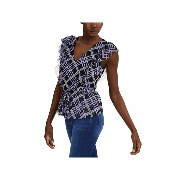 139. NWT INC Plaid Purple/ White Clinch Waist Raw Hem Top - Picture 5 of 8
